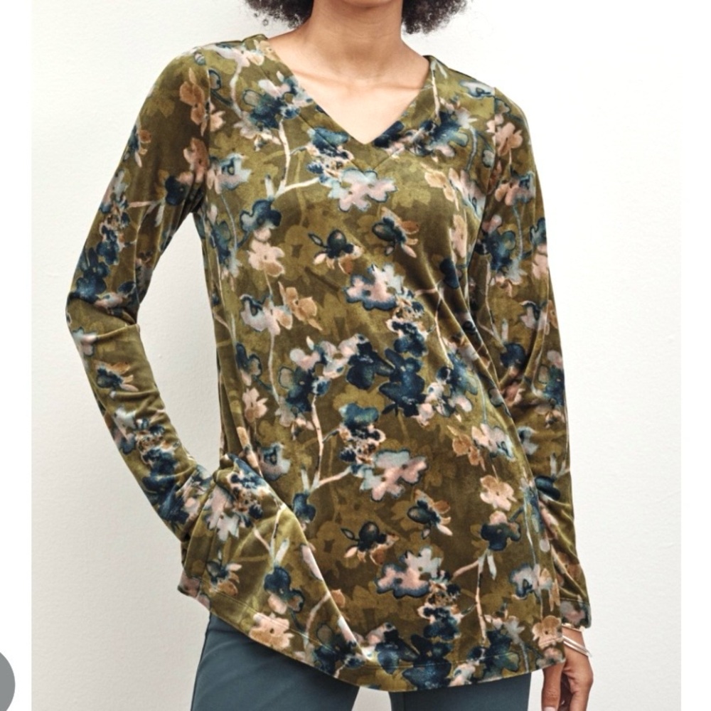 J Jill Velvet Floral V-Neck Tunic Top Sz PXL XL Petite ’Pure Jill’ Green Velour